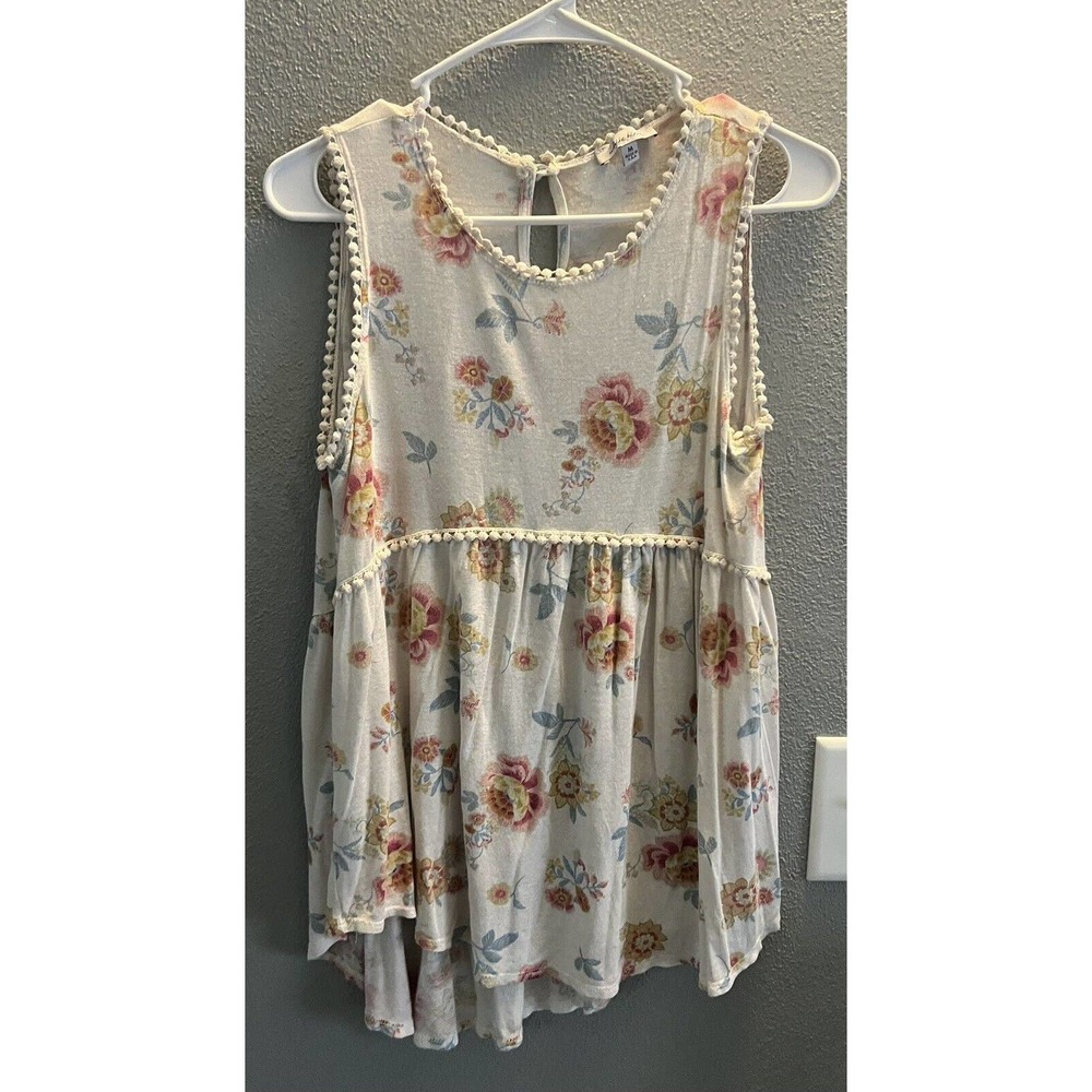 White Birch Womens Cream Floral Sleeveless Embellished Shirt, Size Medium